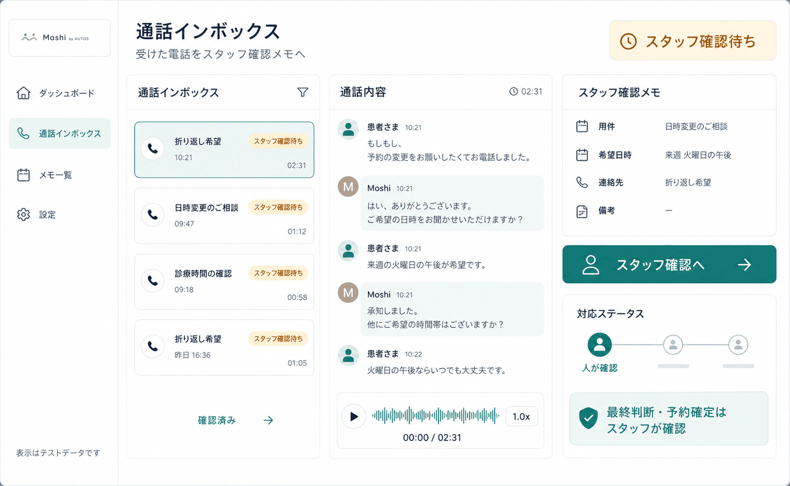 Moshi が受けた電話をスタッフ確認メモに整理するダッシュボード画面のサンプル