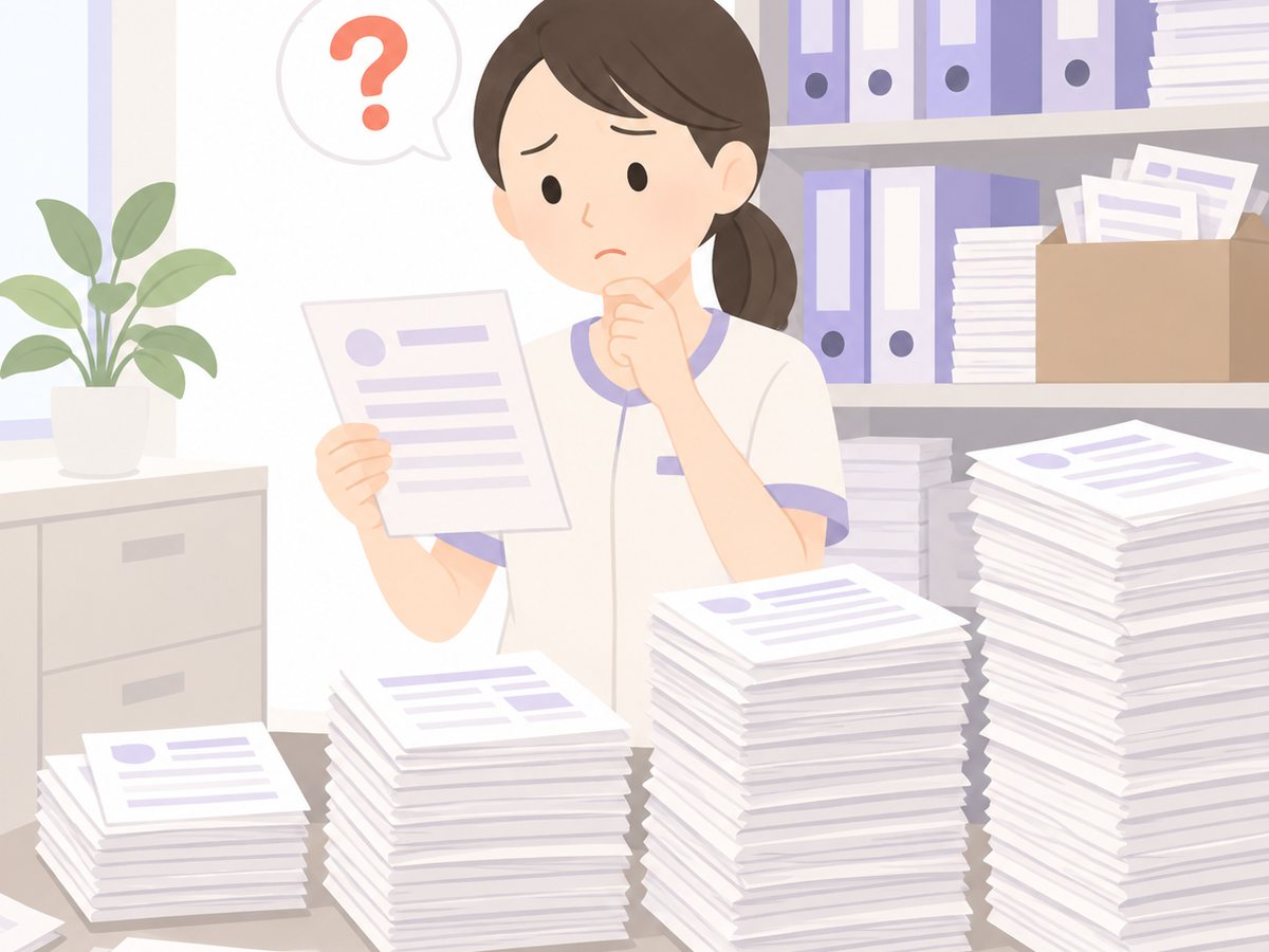 積み上がった紙の技工指示書を前に、困った顔をしているスタッフ